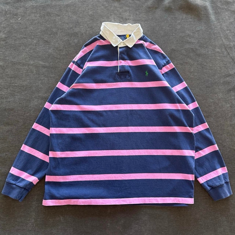 Polo Ralph Lauren Rugby Shirt XXL Navy Pink Striped Long Sleeve Vintage 00s